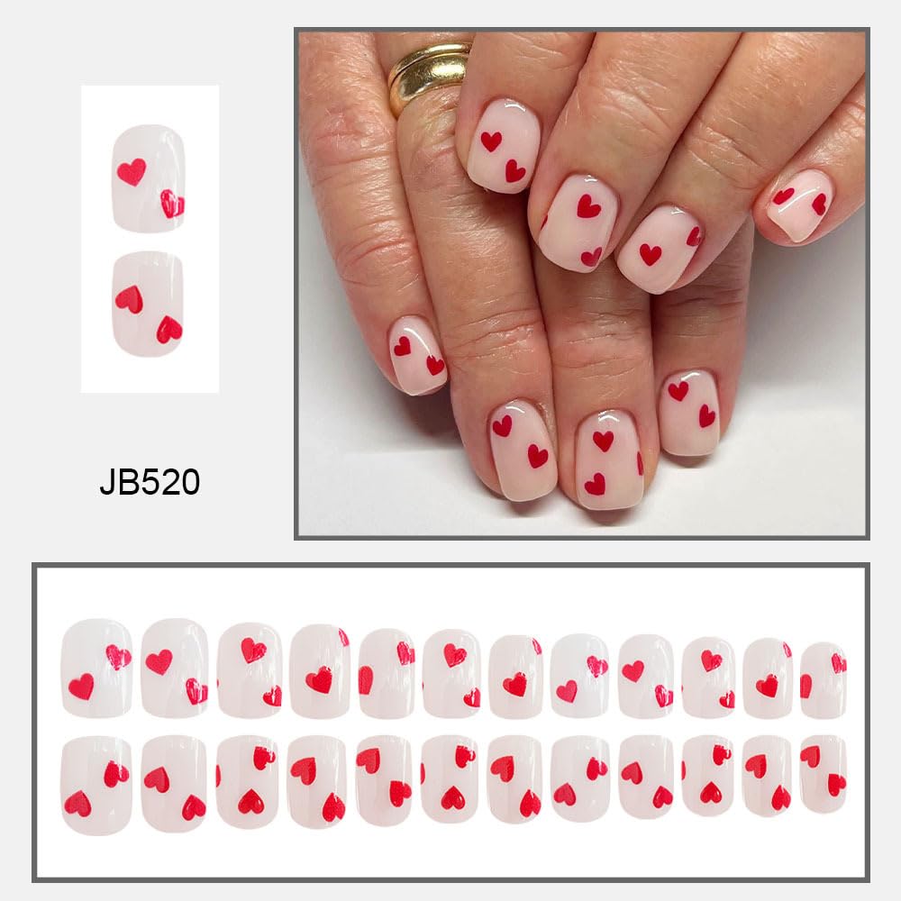 CEWEWP 24Pcs Valentines Press on Nails Short Square Red Heart Fake Nails with Design Valentines Day Glue on Nail Acrylic Nails White False Nails Full Cover Stick on Nail for Women Girls