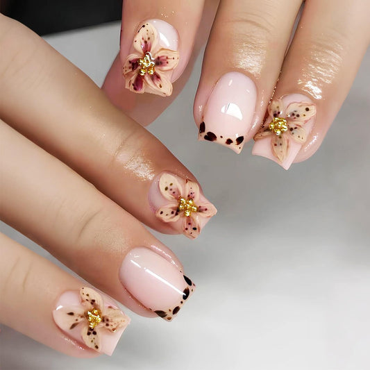 Cheetah Press on Nails with 3D Flower and Leopard Print, Medium Square Fake Nails, Reusable Glossy Brown Leopard False Nail Floral Stick on Artificial Fingernails for Women Daily Wear