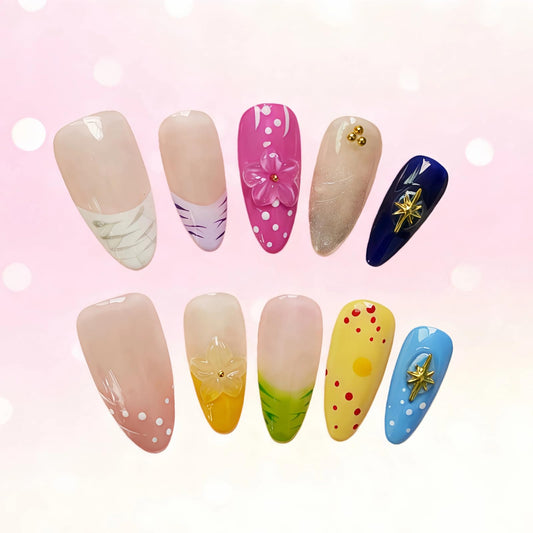 Tesytto 10pcs Handmade Press On Nails Almond Shaped - French Tip with 3D Floral & Polka Dot Design, Glossy Colorful Fake Nails Medium Length Full Coverage Acrylic Nails for Women (Dopamine Glow,S)