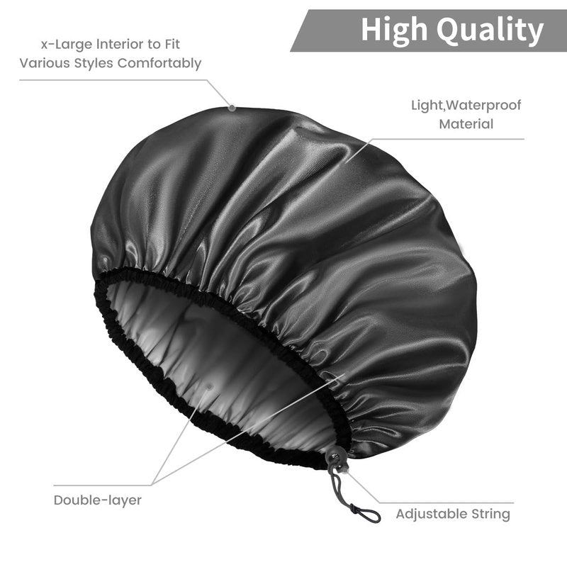 Auban Shower Cap for Women, Adjustable Reusable, Extra Large, Double-Layer Waterproof Bathing Cap, Waterproof Exterior, EVA Lining, Hair Cap for All Hair Lengths, 3 Balck Set