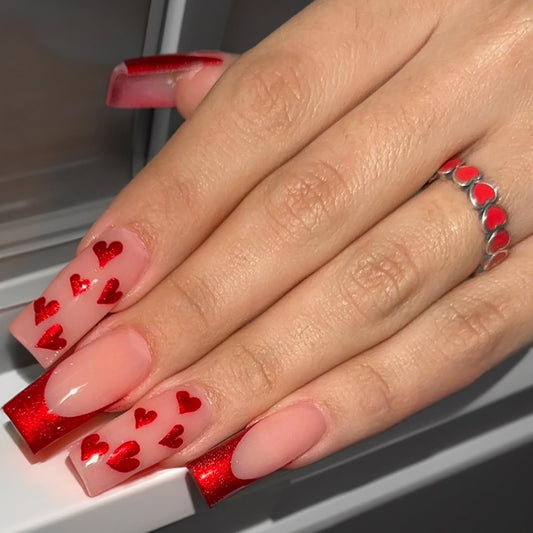 Red Heart French Tip Square Medium Press on Nails 24Pcs Glossy Full Cover Artificial Fake Nails with Designs Acrylic Coffin False Nails Sets Women Glue Stick on Fingernails with Charm