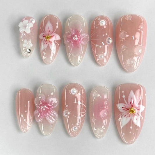 Pink Nude Cherry Blossom Press on Nails, Medium Almond Handmade 3D Flower Fake Nails with Pearl & Rhinestone Designs, Reusable Cute Stick on Nails Spring False Nails for Women 24Pcs