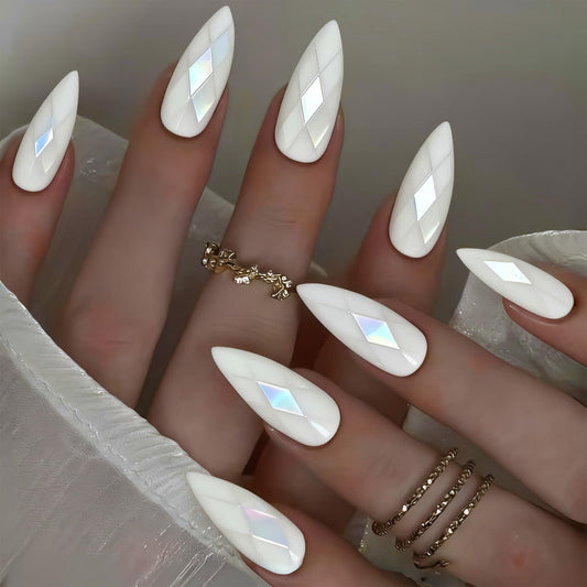White Rhombus Electroplated Press on Nails Almond Fake Nails Designs 3D Mirrored Metal False Nails Pure White Full Chrome Diamond Grid Cover for Women Girls Daily Wearable Manicure Decoration 24Pcs