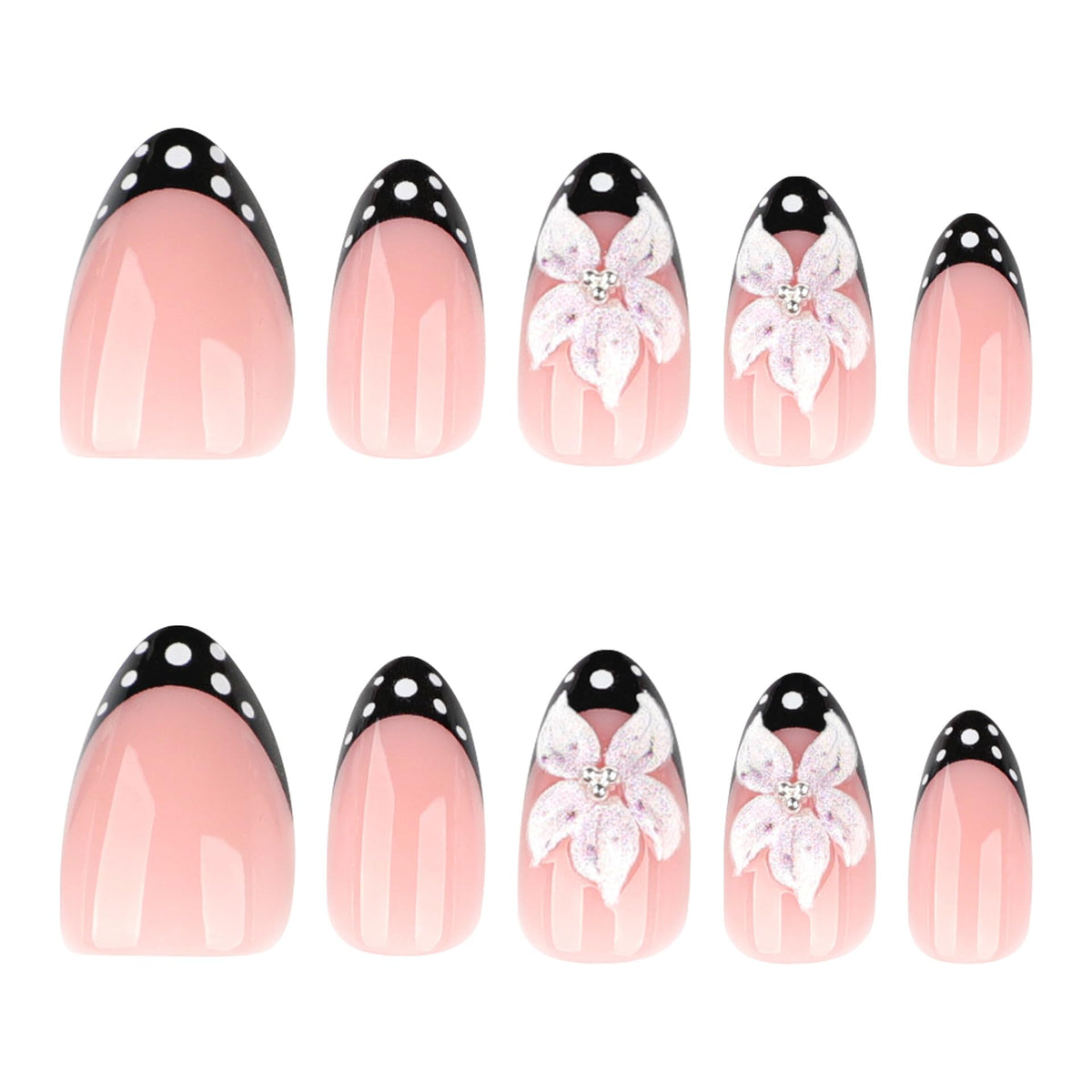 3D Flower Press on Nails Black French Almond Fake Nails with White Polka Dot Tip Cute Spring Glue on Nails,Nude Pink Full Cover Stick on Nails Polka Dot Nails Press ons for Women