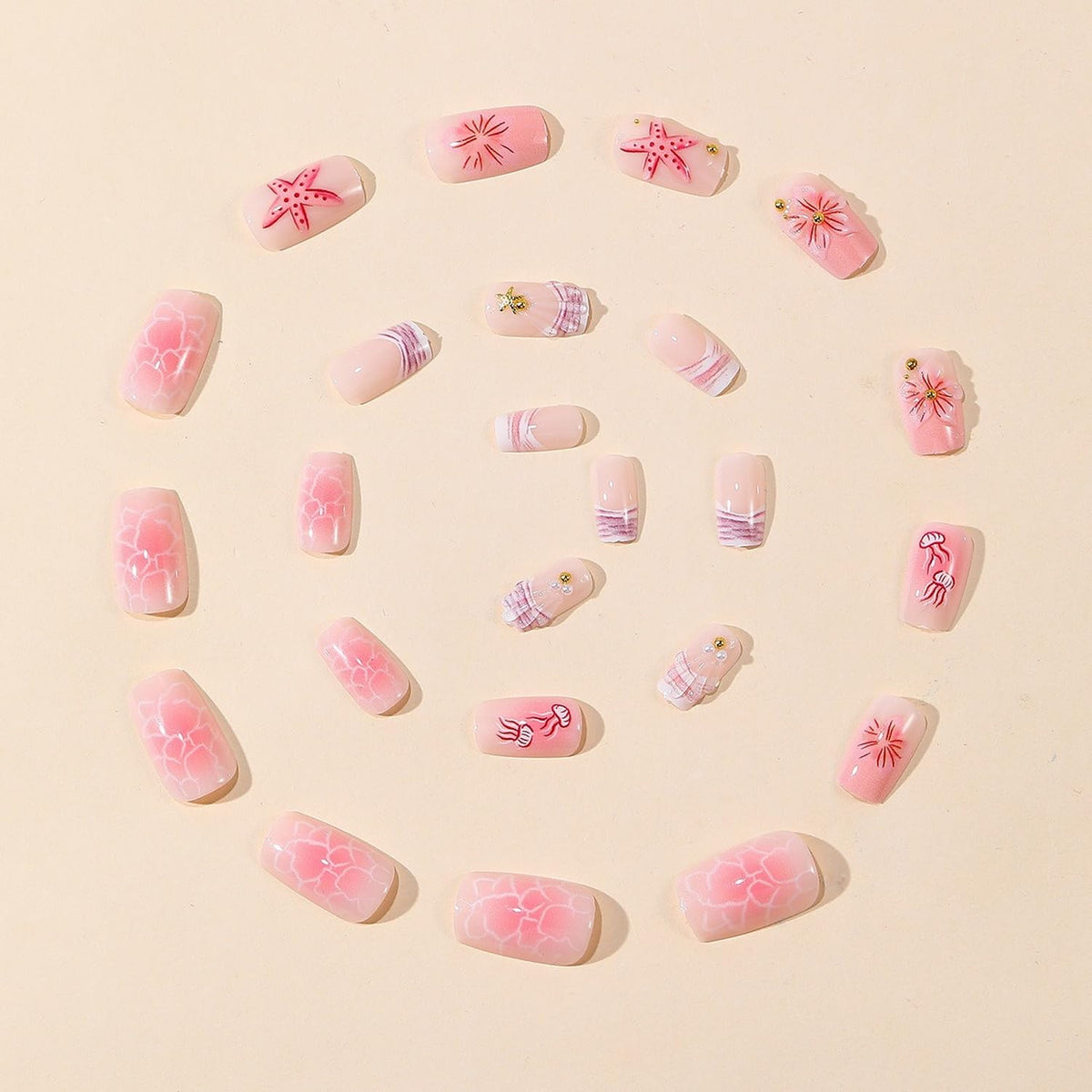 Summer Press on Nails Pink Ocean Fake Nail with Starfish & Jellyfish Designs Flower Press on Nails Beach False Nail Medium Square Acrylic Stick on Nails for Women Manicure Decoration 24 Pcs