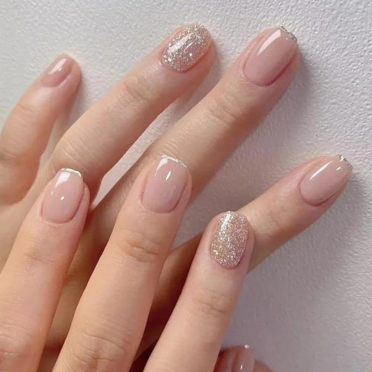 Curvlife Soft Gel Press on Nails 30pcs Fake Nails with Design Full Cover False Nails for Women Reusable Nail Kit with Nail Glue Adhesive Tabs Nail File (Gilt silver)