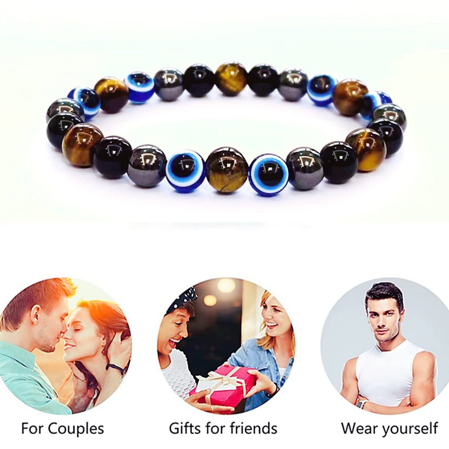 WEFRIN Evil Eye with Hematite Black Obsidian Tiger Eye Stone Triple Protection Bracelets for Men Women, Crystal Jewelry Stone Bracelets Bring Luck and Prosperity and Happiness (C)