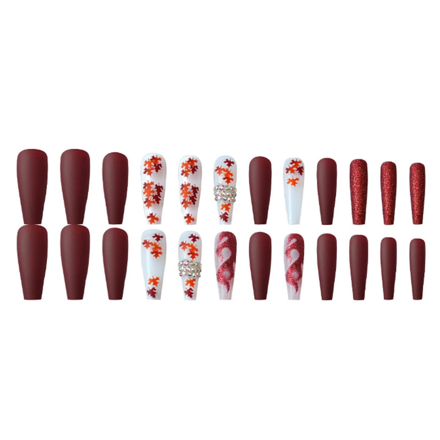 Hkanlre Red Press on Nails Tips Coffin Long Leaf Fake Nails Bling Full Cover Ballerina Rhinestones False Nails for Women and Girls 24PCS