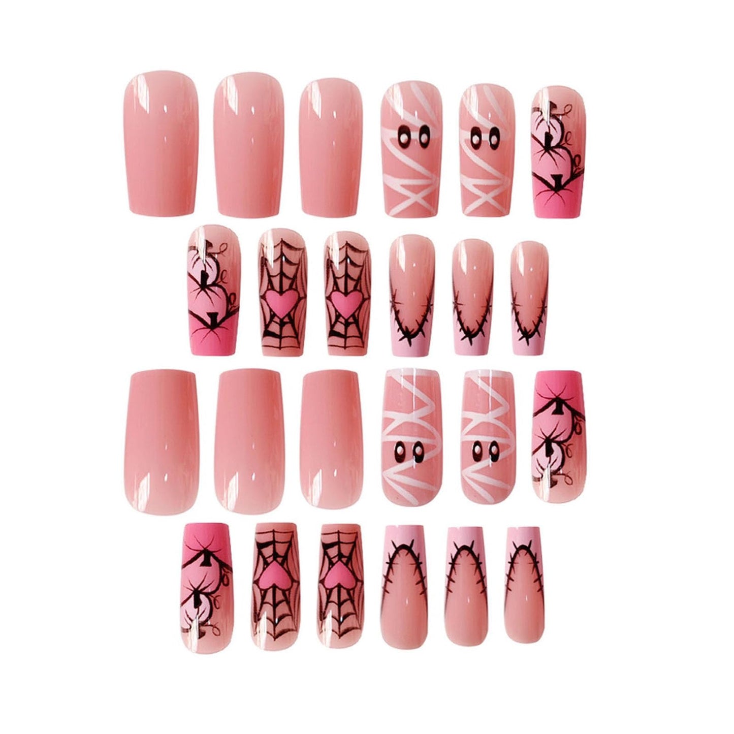 IMRAIN Halloween Press on Nails Long Square Fake Nail Pink French Tips False Nails Full Cover Glossy Glue on Nails for Women Manicure Decor