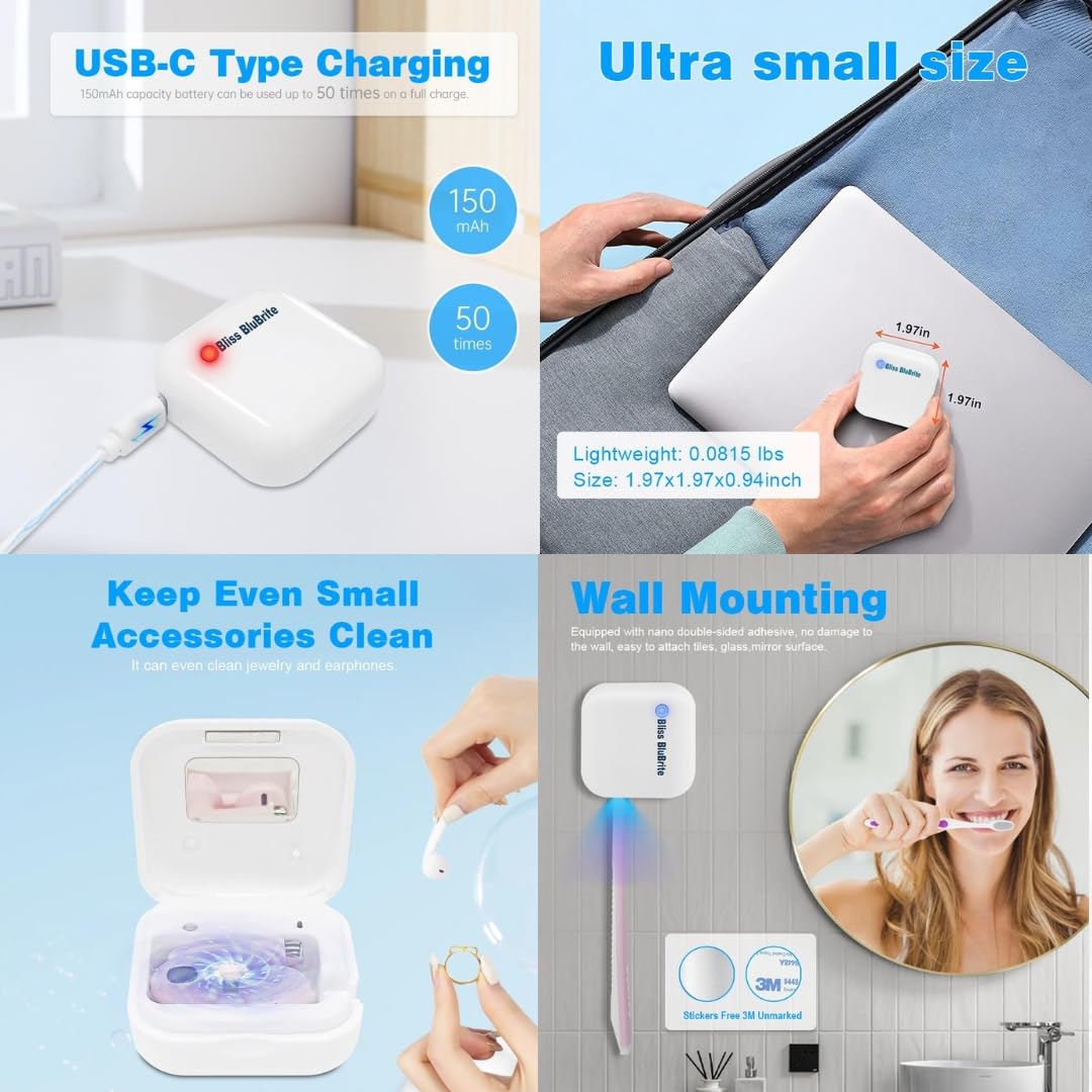 Bliss BluBrite Portable UV-C Toothbrush Sanitizer and Holder – Travel Case for Manual & Electric Toothbrush Heads – UV Light Cleaning Box – USB Rechargeable – Travel-Friendly