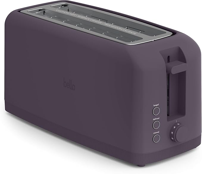 bella 4 Slice Slim Toaster, Fits-anywhereâ¢ Kitchenware, 6 Setting Shade Control with Reheat & Cancel Buttons, Fits Sourdough, 10â Long Slot, Anti Jam & Auto Shutoff, 900 Watt, Plum