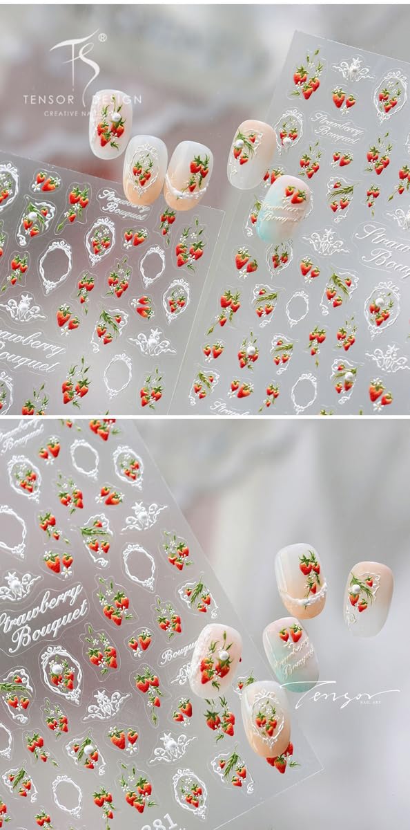 5D Embossed Nail Stickers Strawberry Nail Decals 3D Lace Frame Nail Art Stickers Cute Self-Adhesive Nail Stickers for Nail Art for Women Girls DIY Manicure, 1 Sheet