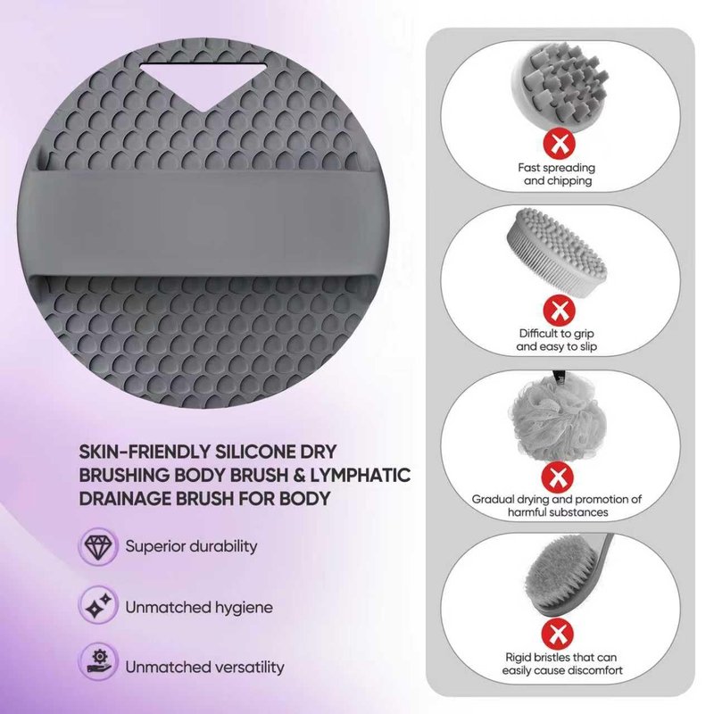 XCRUCC Silicone Body Scrubber Anti Zinc Infused Silicone Loofah，Silicone Shower Scrubber with Stiff & Soft Bristles，Unblock Blood Circulation or Lymphatic Drainage - Gray
