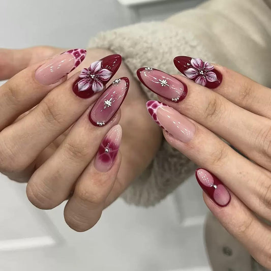 CTTHNBD Press on Nails Almond - Medium Fake Nails with Flower Design - Ombre, French Tip False Nails - for Women 24 Pcs