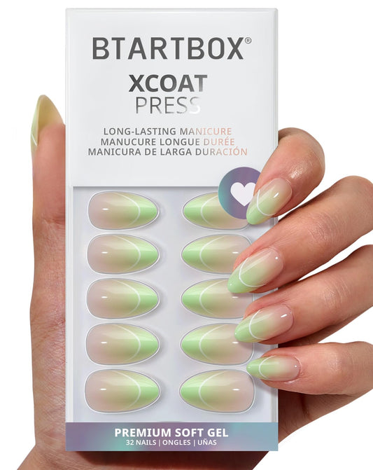 BTArtbox French Tip Press On Nails - Fresh Reset, Lamp-Curable 4-Week Wear Green Ombre Short Almond Press On Nails with Glue and Adhesive Tabs, Easy-to-Apply in 16 Sizes - 32 Nails All-in-One Kit