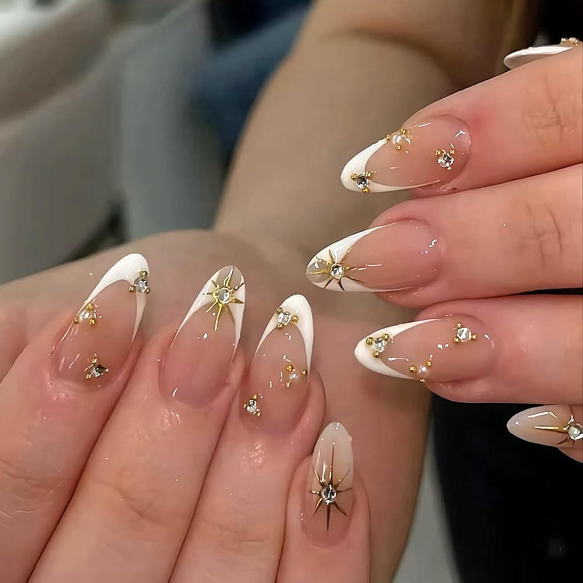 Mivota Luxury Soft Gel Press On Nails Almond French Tip Nude Pink with Gold Rhinestones, Reusable Glue On Fake Nails for Women, Salon Quality Manicure Set