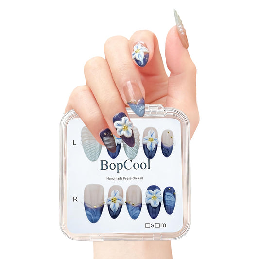 Handmade Press-On Nails – Medium Almond Thick Acrylic Gel Nails, Reusable 3D Flower False Nails, Gradient Blue French Tip Manicure – Salon-Quality DIY Nail Art(10PCS-S)