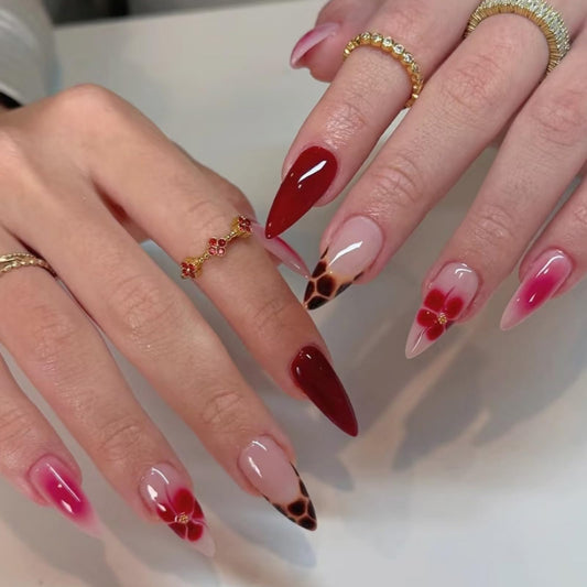 Long Press on Nails Almond Fake Nails Red False Nails French Artificial Nails with Flowers and Leopard Designs FloralStick on Nails for Women 24pcs