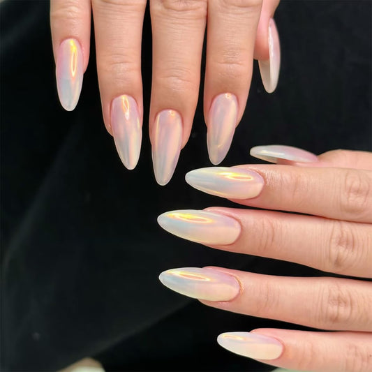 30Pcs Almond Press On Nails - Supremely Fit & Natural Soft Gel Almond Nails,15 Sizes, Reusable Fake Nails Kit with Gift Box for Women (Champagne)