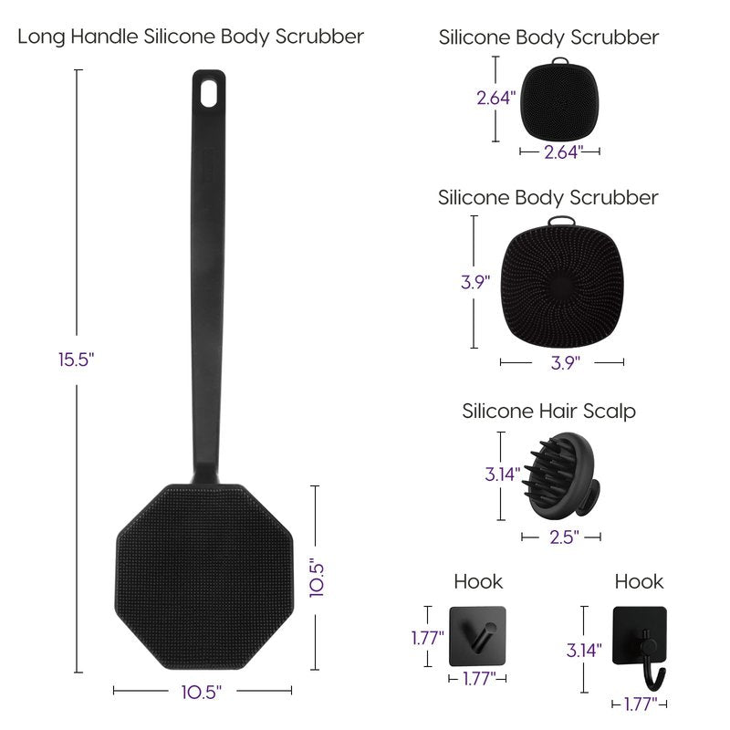Silicone Body Scrubber Set, Includes Back & Body Scrubbers, Face Brush, Scalp Massager, 4 Storage Hooks, Shower & Bathroom Hygiene Accessories for Present(Black)