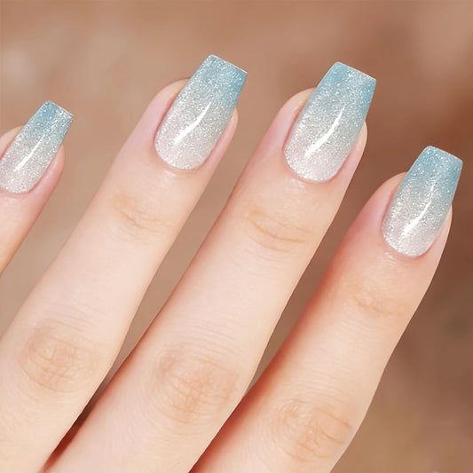 Sparkle Blue Press on Nails Blue Glitter Ombre Fake Nails Glossy Silver Sparkly False Nail Medium Coffin Reusable French Tips Stick on Artificial Fingernails for Women Elegant Style
