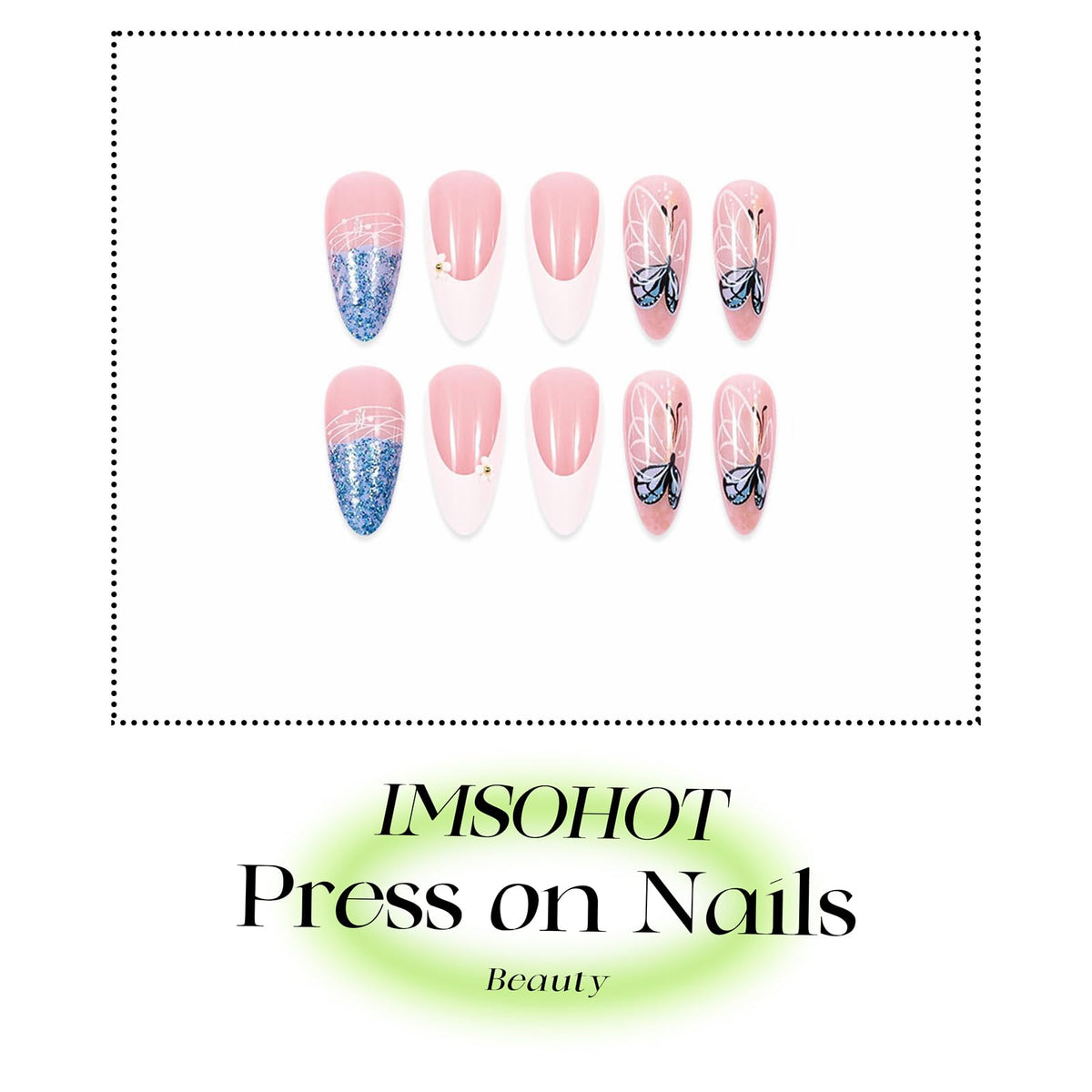 IMSOHOT Blue Press on Nails Medium Almond Fake Nails White French Tip False Nails with Butterfly & Glitter Designs Glossy Full Cover Acrylic Stick on Nails for Women Girls 24Pcs