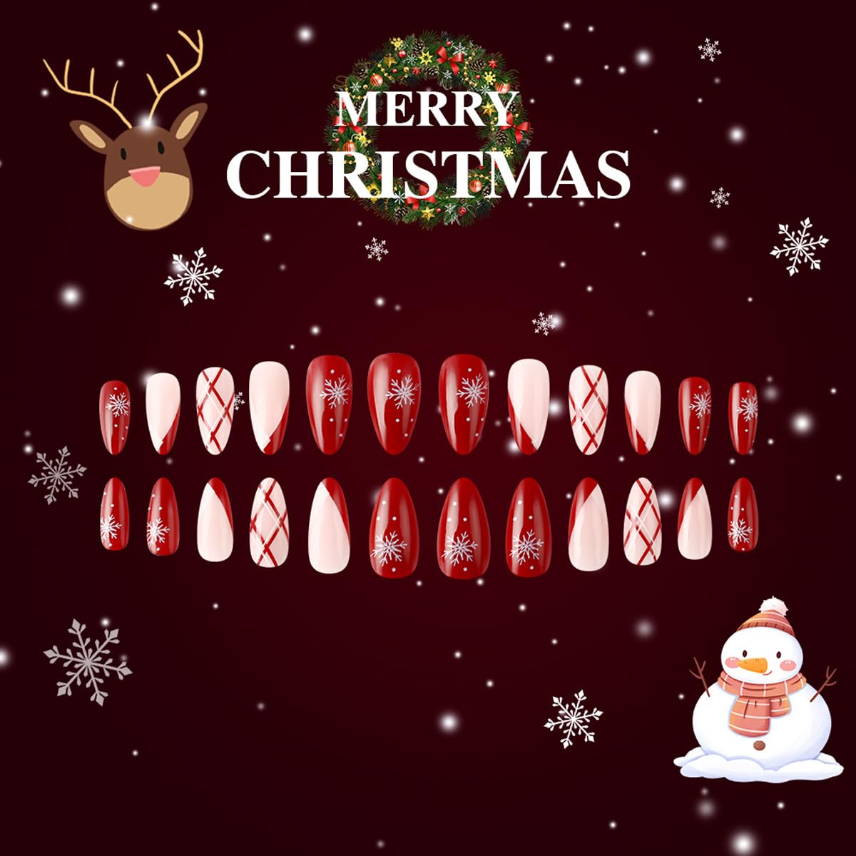 Christmas Press On Nails Medium Almond Fake Nails Snowflake With Plaid Design French Tip False Nails Full Cover Xmas Acrylic Glue On Nail Winter Stick On Nail For Women Manicure Art 24pcs