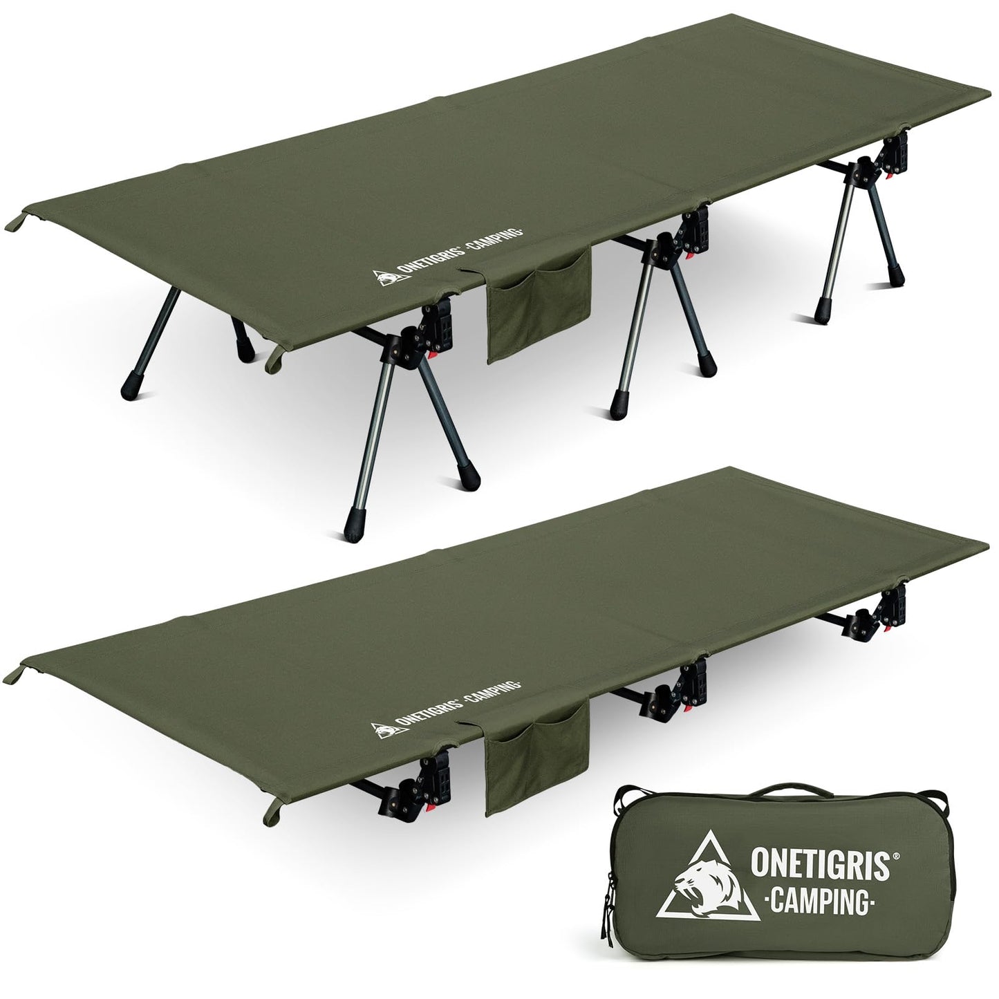 ONETIGRIS SUPRANUBIS Camping Cot, Height Adjustable with Cot Leg Extenders, Strong Support 330lbs, Lightweight Comfortable Folding Bed for Camping, Hiking, Travel, Truck, Beach, Office Nap