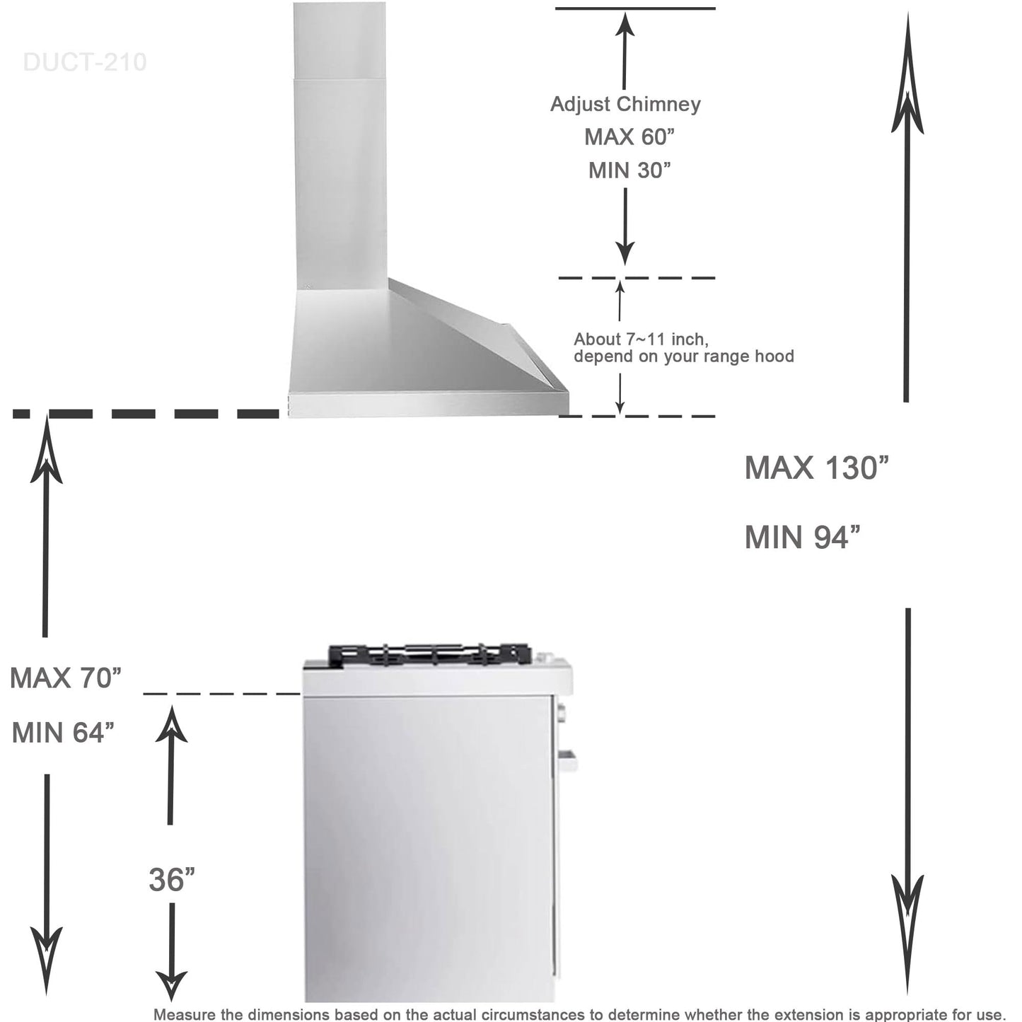 Kitchen Vent Hood Extension Stainless Steel Wall Mount Range Hood Chimney Pipe Duct Cover 210mm Width