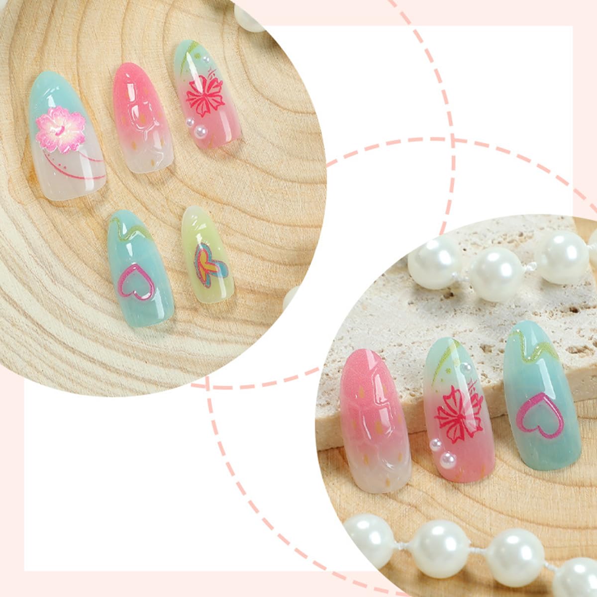 30Pcs Summer Press on Nails Almond Fake Nails Colorful Shell Starfish Flower Butterfly Heart Design Summer Beach Glue on Nails 3D Pearl Floral Acrylic Nails Press ons False Nails for Women