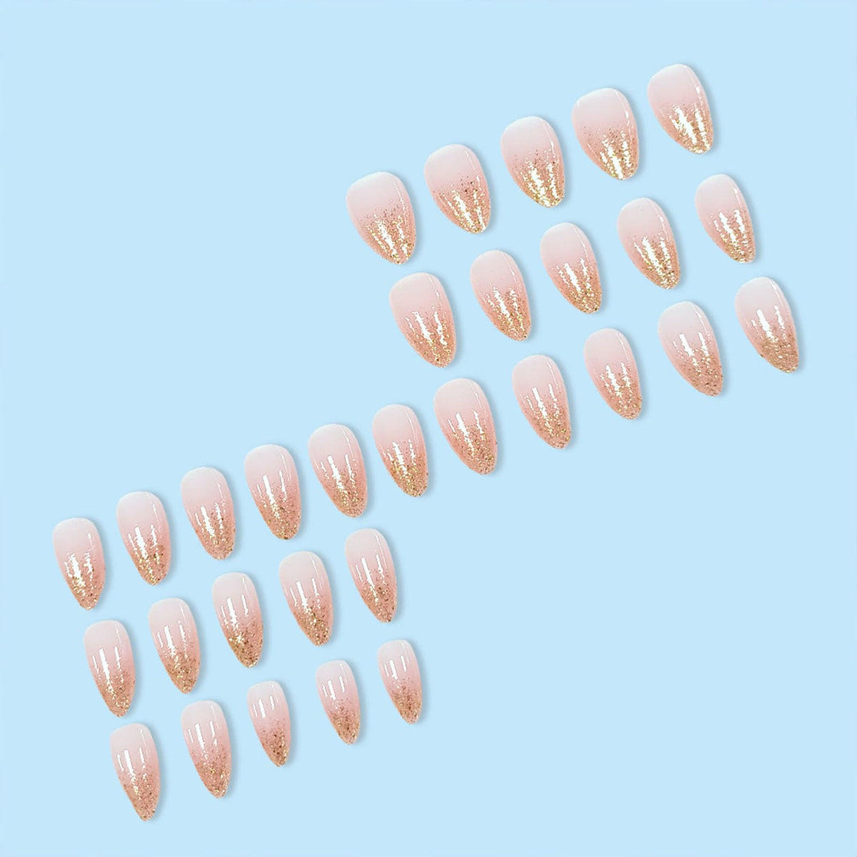 RUOKEXIN Almond Press on Nails Short Fake Nails Gold Glitter False Nails with Designs Full Cover Nail Press ons Sparkly Artificial Nails for Women 30Pcs
