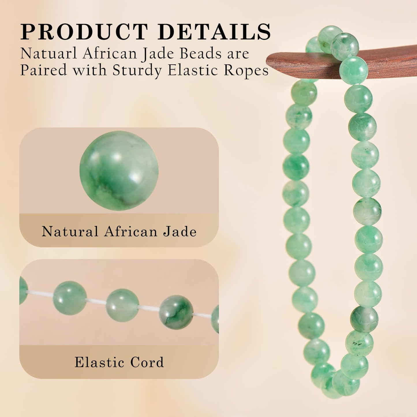 Aluckiss 6mm African Jade Bracelets for Women Men 6.8 inch African Jades Crystal Round Beaded Stretch Bracelet Natural Gemstone Handmade Polishing Stone for Spiritual Healing Meditation Yoga