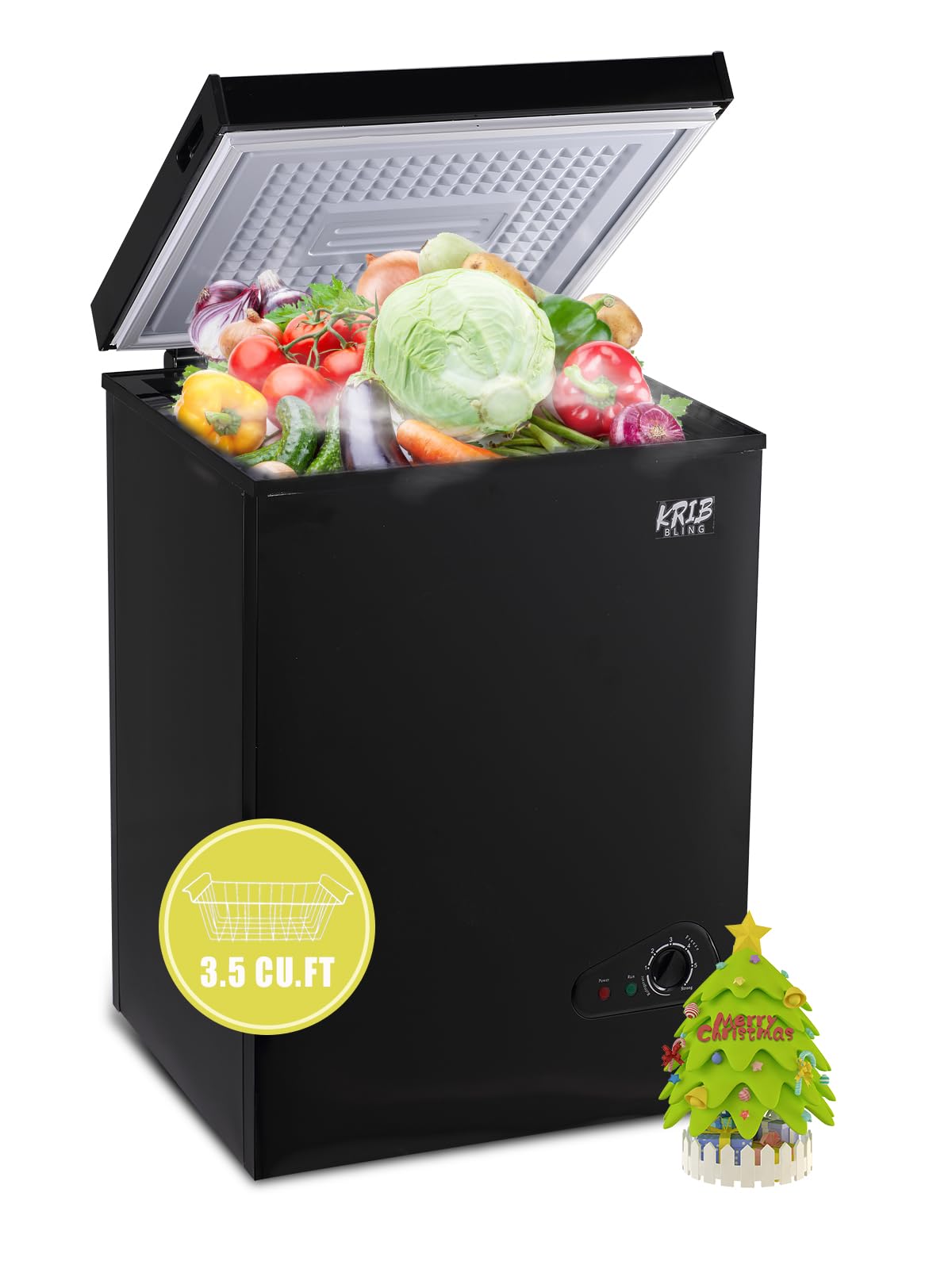 Krib Bling 3.5 Cu.Ft Freestanding Chest Freezer with a Removable Basket, 7 Gears Temperature Control (-18F to -46F), Deep Freezer for House, Garage, Kitchen, Basement, Shop, Black