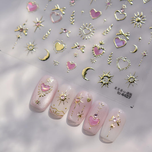 Star Nail Art Stickers 5D Embossed Moon Heart Nail Decals Pink Gold Nail Stickers for Nail Art Rhinestone Nail Design Supplies for Women Girls DIY Acrylic Nails Accessories