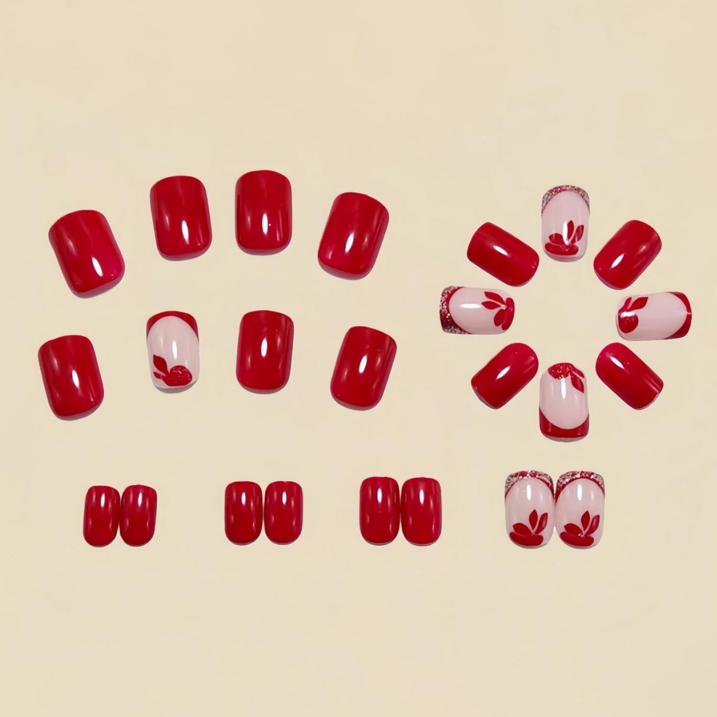 Red Press on Nail Short Square Fake Nails French Tip with designs Flower Acrylic Stick on Nail Glitter Artificial Glossy Cute False Nails Full Cover Reusable Glue on Nails for Women Spring Summer