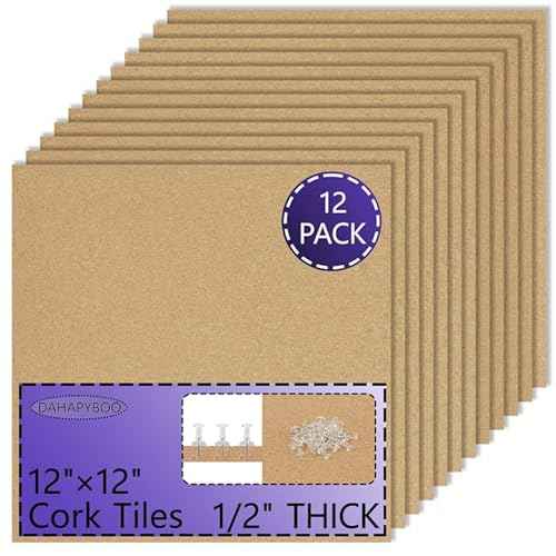 Cork Board Bulletin Board 12x12,1/2" Thick Cork Board Tiles 12 Pack, Self-Adhesive Small Square Pin Board for Walls, Corkboards for Office Home School Message/Vision Board Decoration.