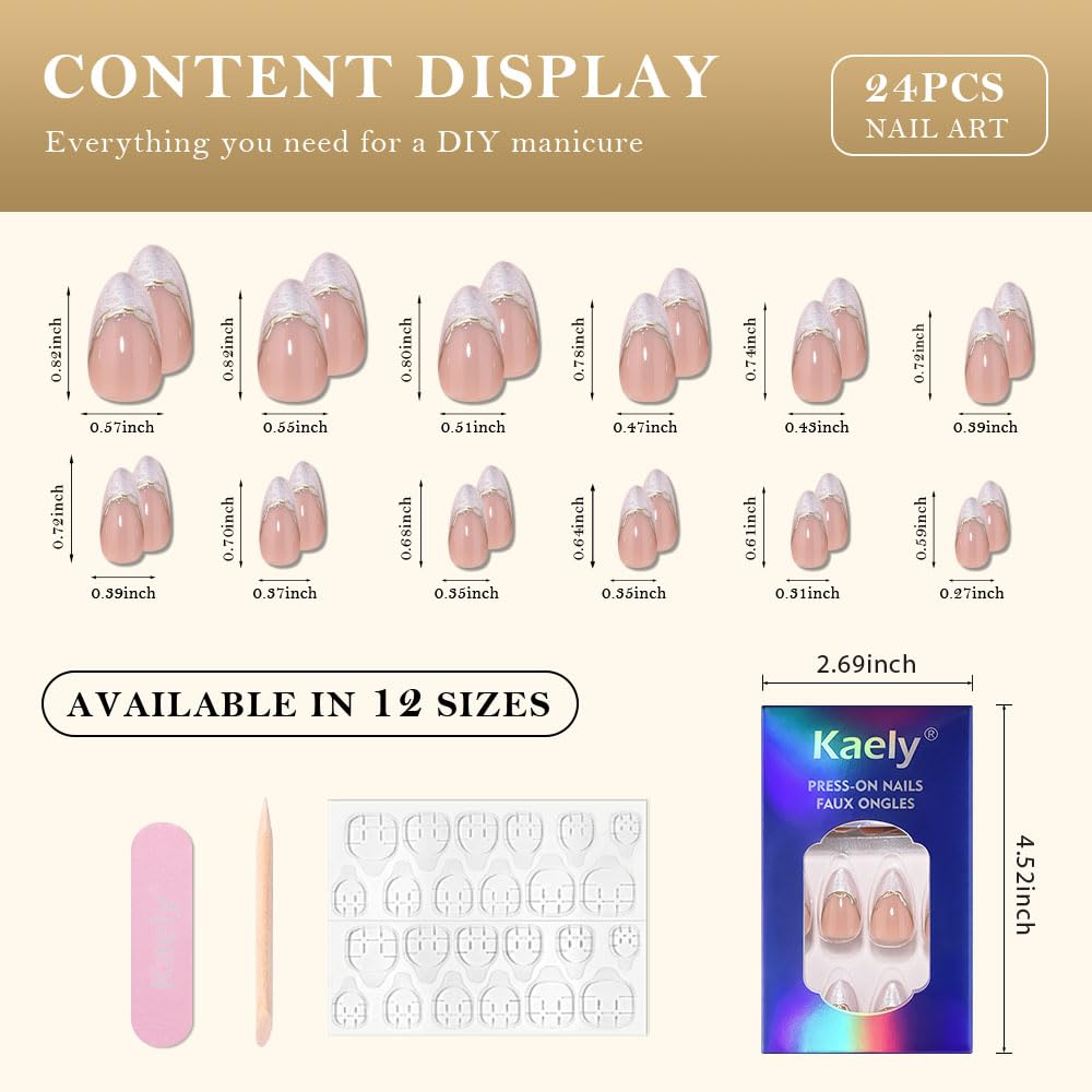 evpct French Tip Press On Nails Short Almond No Glue, Nude Gold Line & Pearl White Tips, Glossy Short Almond Fake False Press on Nails, Reusable Stick on nail Press ons Nail Kit, Salon-quality