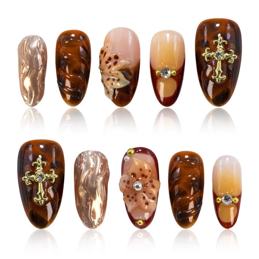 Vanpaga Vintage Luxury Handmade Press On Nails – Glossy Amber False Nails with 3D Carved Flower, Cross Charms & Rhinestones, Reusable Stick on Sculpted Nails for Women (Size M)