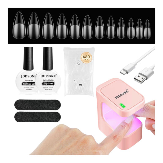 JODSONE Gel Nail Kit Long Almond Nail Tips 480PCS Mini Rechargeable Nail Lamp Pre Shaped Clear Full Cover Fake Nails Tips with Nail Glue & Top Coat U V LED Curing Lamp DIY Manicure Gifts for Women