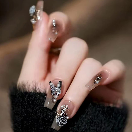 24Pcs Full Cover Reusable Coffin False Nails, Press on Nails Square Medium Length, Artificial Acrylic Fake Nails with Black Butterfly Flower Designs, Women Glue on Nails, Stick on Nails for Nail Art