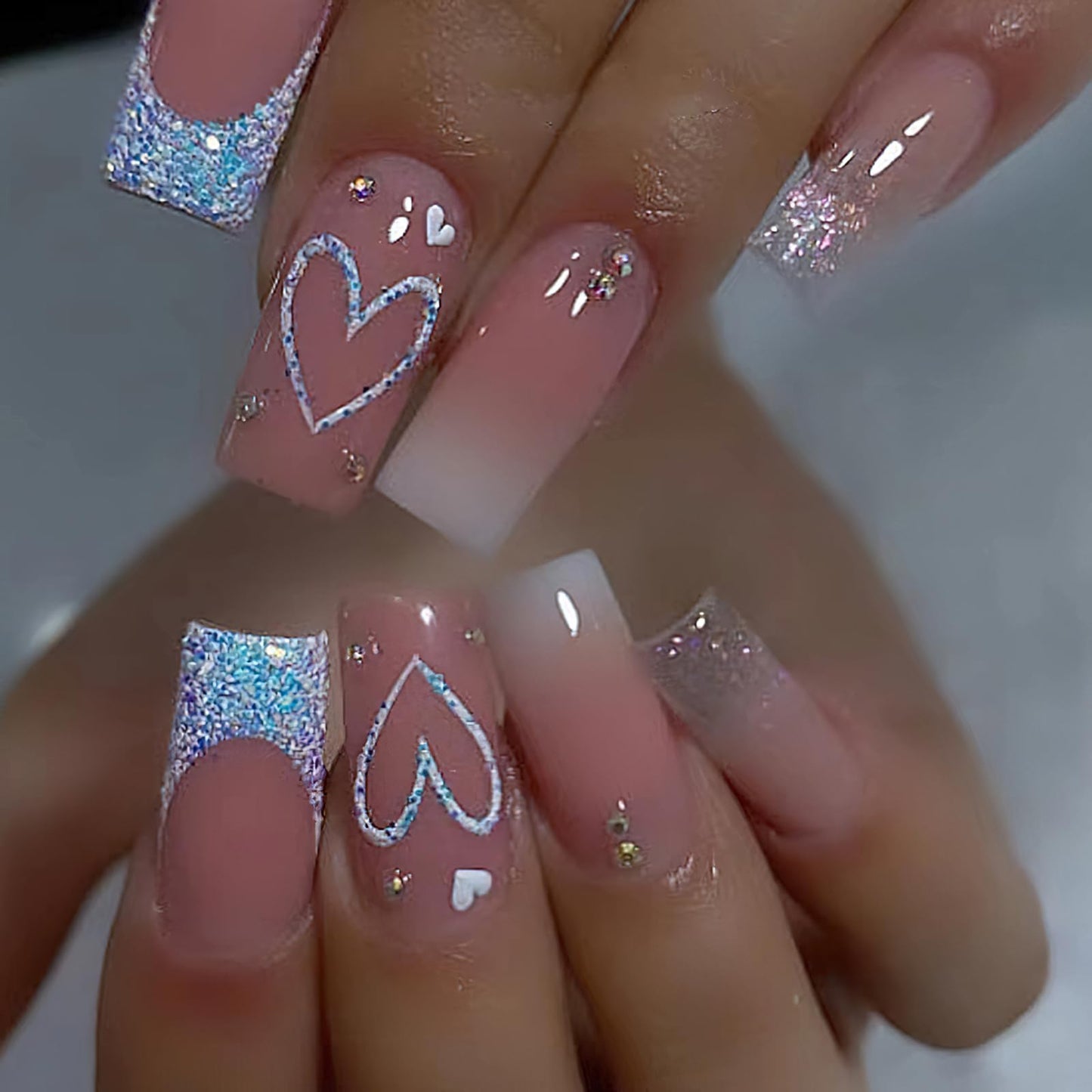 Square Press on Nails Medium Length Fake Nails French Tip Coffin False Glossy Heart Blue Glitter Design Full Cover Glue on Nails Nude Pink with Rhinestones Reusable Stick on Nails for Women 24pcs