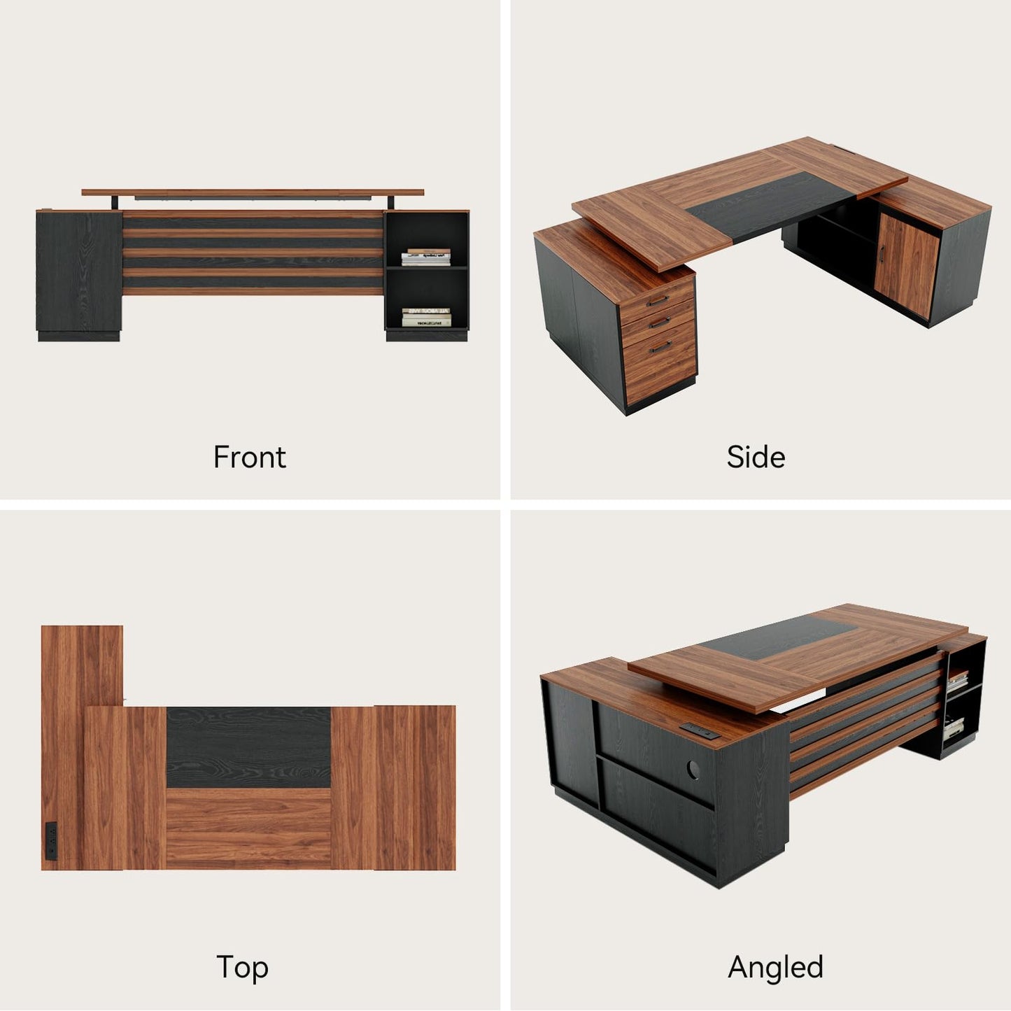 Epecoya L-Shaped Executive Desk with Drawers, 78-Inch Large Home Office Desk with Power Outlet and Lateral File Cabinet, Modern Computer Table with Open Shelf and Storage Cabinet for Home, Brown Black