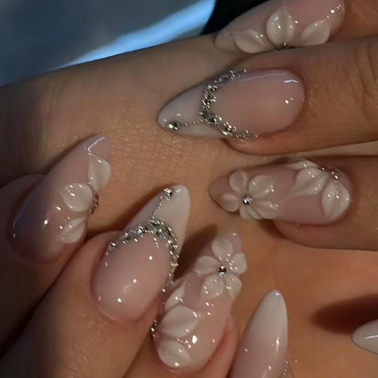 White 3D Flower Press On Nails Medium Almond Fake Nails With Rhinestone Designs Acrylic Nail Press Ons French False Nails Reusable Stick On Nail Glossy Glue On Nail For Women 24Pcs