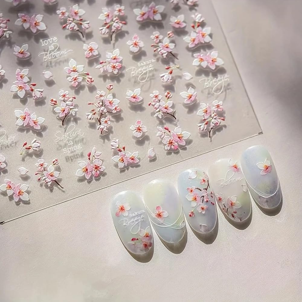 5D Embossed Flower Nail Stickers for Nail Art Designs 1PCS Cherry Blossoms Nail Decals Spring Summer Manicure Sliders Self-Adhesive Floral Supplies Pink Flower Nail Art Stickers for Nail Decoration