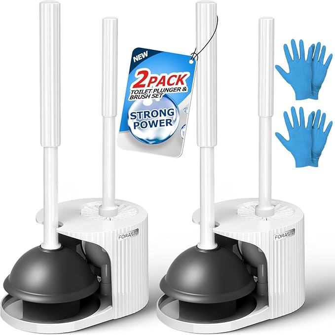 FORASTO 2Pack 2 in 1 Toilet Brush and Plunger Set,Clean Gloves, Extended Handle Plungerï¼Toilet Bowl Brush Plunger Set,Bathroom Cleaning Tools,Toilet Brush Plunger Combo,Cleaning Brush(Cream White)