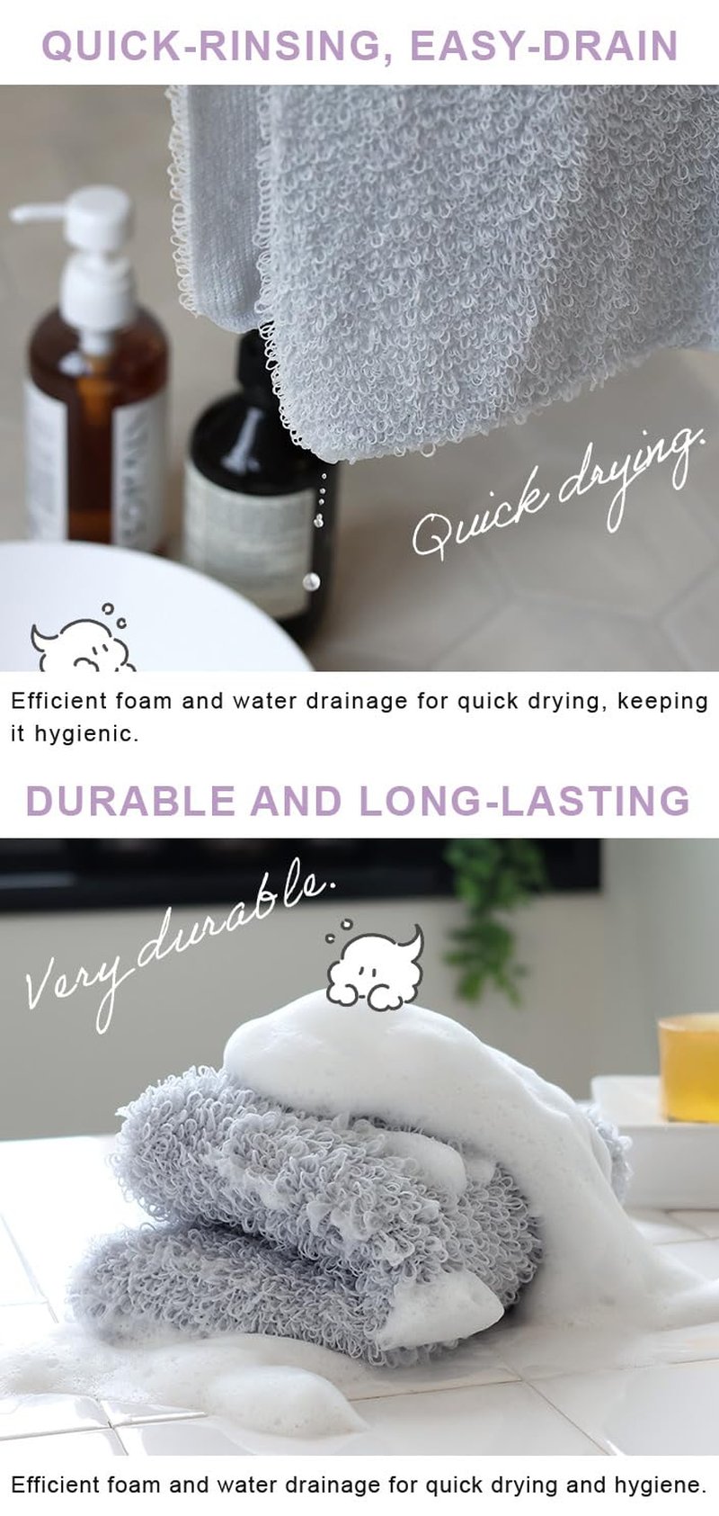 HIORIE Exfoliating Shower Towel - Soft Washcloth for Rich, Luxurious Lather - Lavender - Made in Japan