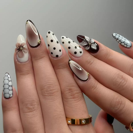 CTTHNBD Press on Nails Almond - Medium Fake Nails with Bow Charms Design - White French Tip False Nails for Women 24 Pcs