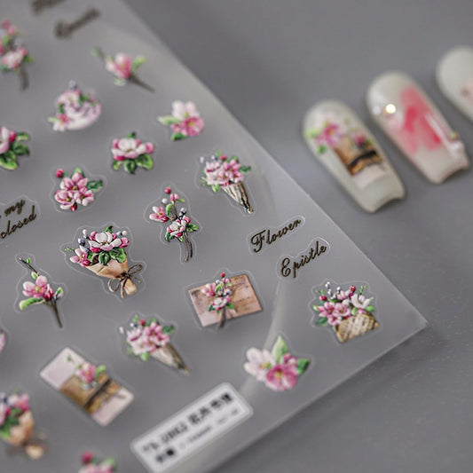 5D Embossed Flower Nail Stickers for Nail Art Letter Floral Nail Decals Retro Stickers for Nails Designs Self Adhesive Nail Art Supplies & Decorations for Women Girls 1 Sheet