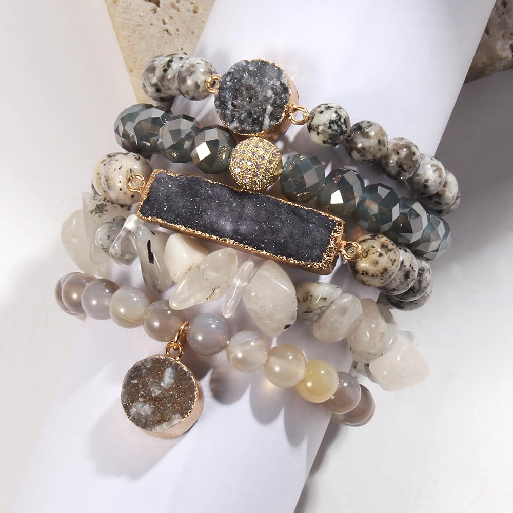 Yomisa 5PCS Natural Boho Beaded Bracelets for Women Men,Healing Turquoise Jasper Agate Crystal Gemstone Stone Diamond Chakra Multilayer Wrap Bohemian Handmade Jewelry Beads Stretch Bracelet Set