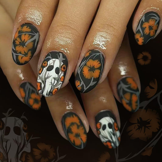 Fall Halloween Press on Nails Short Almond Fake Nails Black Matte Nails Press ons with Ghost & Flower Design-Reusable Artificial Nails Full Cover Glue on Nails Stick on Nails for Women Manicure 24 Pcs